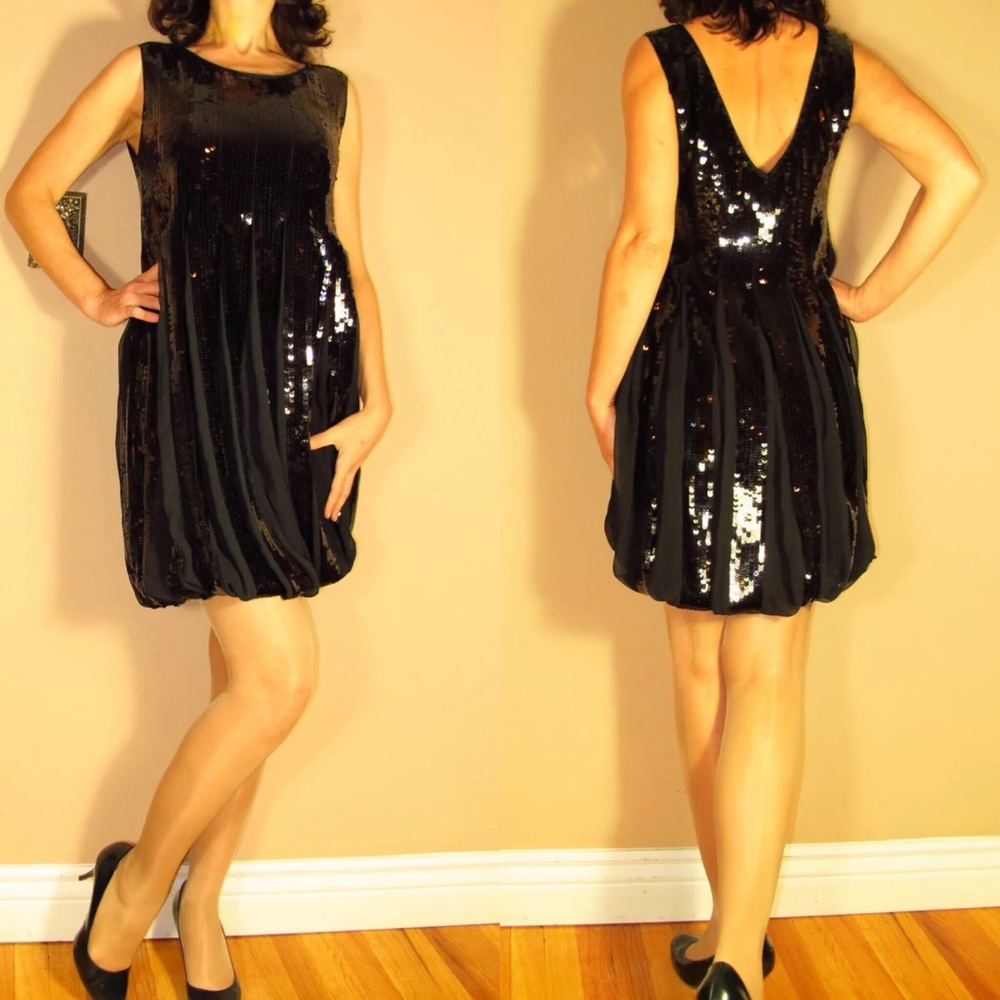 🆕 See by Chloe Sequins Silk Black Dress LBD Pleats Y2K Disco